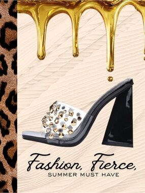 Cape Robbin Block High Heels Women Square Toe Gold Studs Spikes MAXFIELD Black